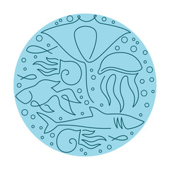 Round composition made of sea fauna linear drawings