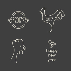 Rooster - symbol of 2017 line art graphic set on grey background