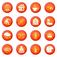 Snowboarding icons vector set of red circles isolated on white background