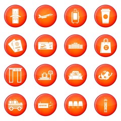 Airport icons vector set of red circles isolated on white background