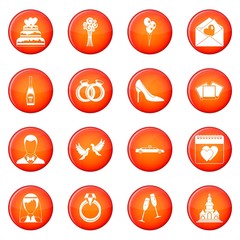 Wedding icons vector set of red circles isolated on white background