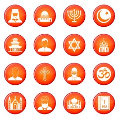 Religion icons vector set of red circles isolated on white background