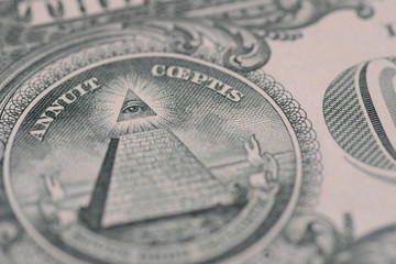 US one dollar, detail view. Macro with selective focus and shallow depth of field.