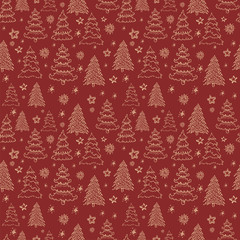 Christmas Icons Seamless Pattern with New Year Tree, Snow and St