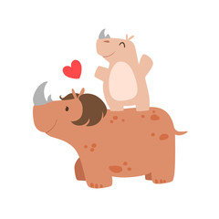 Rhinoceros Mom With Hairdo Animal Parent And Its Baby Calf Parenthood Themed Colorful Illustration With Cartoon Fauna Characters