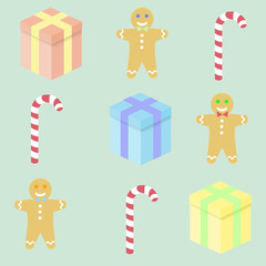 Flat set of Christmas pictures in vintage colors with gingerbread man and candy cane and gifts