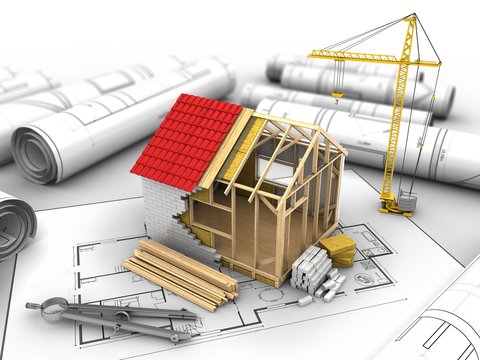 3d illustration of frame house construction over house plan background with crane