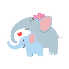 Elephant Mom With Frower Wreath Animal Parent And Its Baby Calf Parenthood Themed Colorful Illustration With Cartoon Fauna Characters