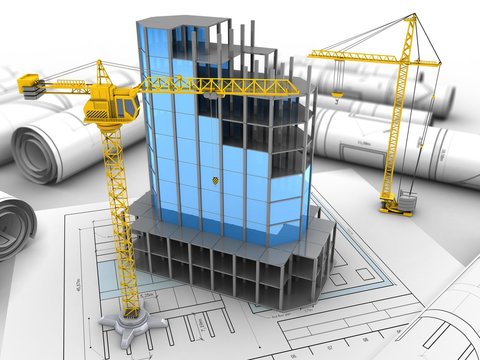 3d illustration of city building over drawing rolls background with crane
