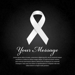 funeral card - White ribbon and place for text on soft flower abstract black background