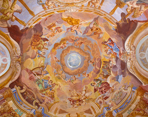 BANSKA STIAVNICA, SLOVAKIA - FEBRUARY 20, 2015: The  fresco on cupola in the middle church of baroque calvary by Anton Schmidt from years 1745. Angels with the music instruments.