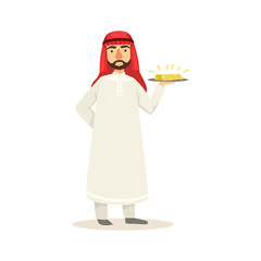 Arabic Muslim Businessman Dressed In Traditional Thwab Clothes And Wearing Headdress Kufiya Working In Financial Business Sphere Holding Gold Bar On Plate
