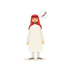 Arabic Muslim Businessman Dressed In Traditional Thwab Clothes And Wearing Headdress Kufiya Working In Financial Business Sphere Thinking Of Growth