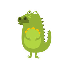 Crocodile Standing Daydreaming And Thinking Flat Cartoon Green Friendly Reptile Animal Character Drawing