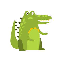 Crocodile Sitting Straight Like Man Flat Cartoon Green Friendly Reptile Animal Character Drawing