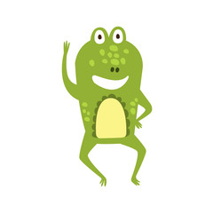 Frog Waving Greeting Flat Cartoon Green Friendly Reptile Animal Character Drawing