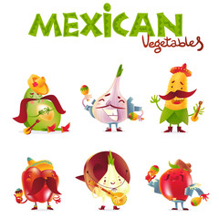 Fototapeta premium Mexican vegetable characters playing musical instruments, cartoon vector illustration isolated on white background. Avocado, garlic, corn, bell pepper, onion and tomato characters in Mexican clothes