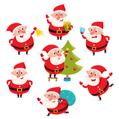 Cute and funny Santa Claus with Christmas attributes, cartoon vector illustration isolated on white background. Santa Claus decorating Christmas tree, running with a gift bag, ice skating, having fun