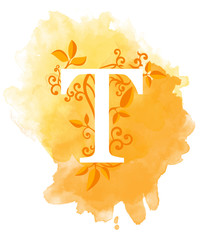 Watercolor letter calligraphy on watercolor background. Natural elements leaves curls design an element for web poster typographics T