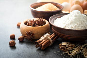 Ingredients for cooking  baking. Flour, sugar, eggs, butter and spices.