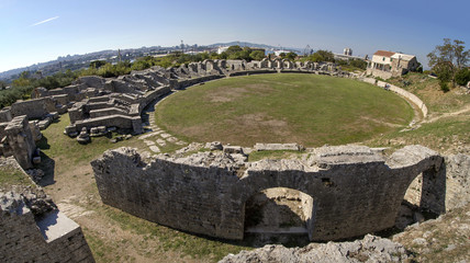 Remains of a Roman amphitheatre in ancient roman town Salona (Solin) near town Split in Croatia, Europe