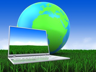 3d illustration of earth globe over meadow background with computer
