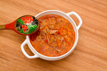 Russian cabbage soup on the table
