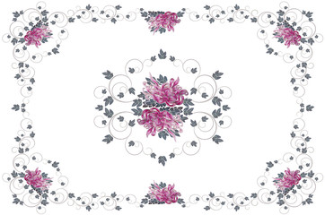 Frame for embroidery tablecloth with purplish pink asters and leaves on white background
