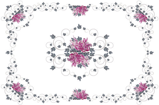 Frame for embroidery tablecloth with purplish pink asters and leaves on white background
