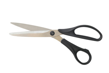 Metal scissors with black pen on white background