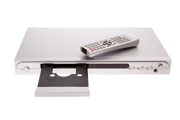DVD player ejecting disc with remote control isolated on white background.