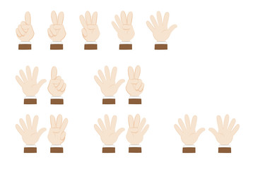 a vector cartoon representing a set of human hands posing and showing numbers, from 1 to 10