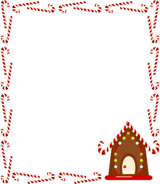 Large rectangular frame of candy canes with gingerbread house. 