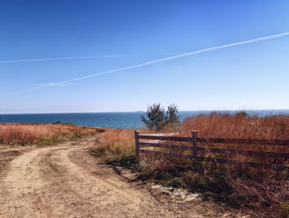 wild beach on a sunny bright day. The dirt road leading to the water along a simple wooden fence. Secluded spot on the beach, dry yellow grass. photo in vintage style
