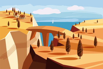 Fantastic mountain landscape. Bridge, mountain village, the gulf, trees, ocean, sea, Cartoon style, vector illustration