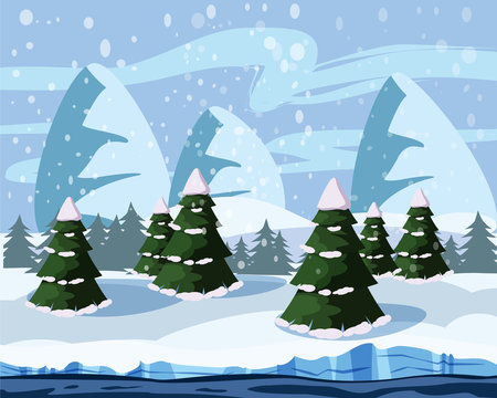 Winter landscape with mountains, trees, river, cartoon style, vector illustration