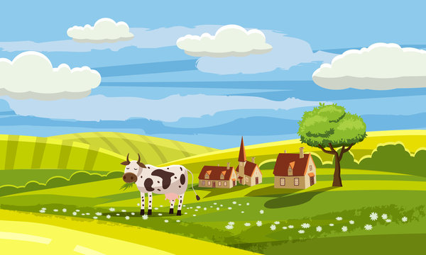 Lovely country rural landscape, cow grazing, farm, flowers, pasture, Cartoon style, vector illustration