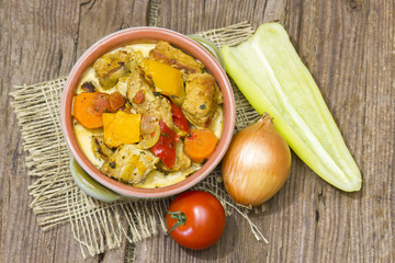 Goulash in ceramic bowl. Traditional hungarian meal.