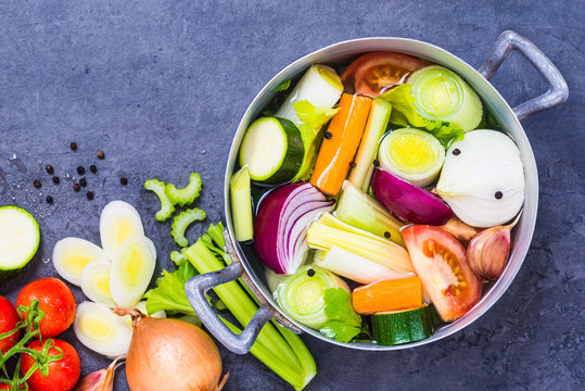 Vegetable Stock Or Broth Cooking Soup Top View Copy Space.