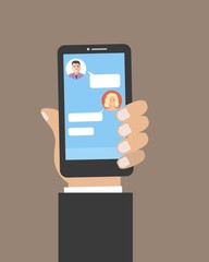 Chat connection icon. There is a hand, holding a phone, in the picture. Vector illustration