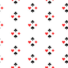 Playing card suits seamless pattern. Gambling game card symbols vector white background.