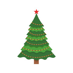 Beautiful elegant green Christmas tree. Multi-colored garland. Vector illustration on a white background.