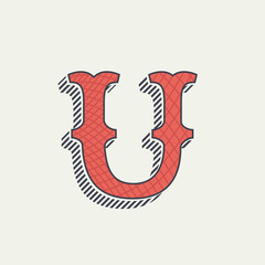 U letter logo. Retro western alphabet with line texture.