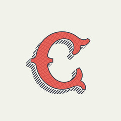C letter logo. Retro western alphabet with line texture.