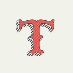 T letter logo. Retro western alphabet with line texture.