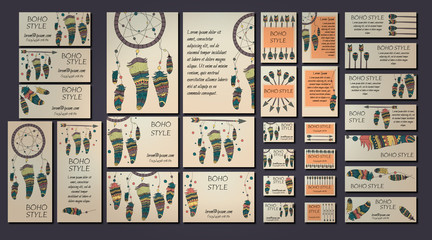 Boho design brochure and business card templates with dreamcatcher, arrow, feather tribal ethnic elements. Vector illustration. - 128736304