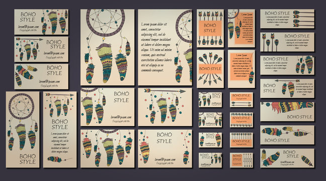 Boho Design Brochure And Business Card Templates With Dreamcatcher, Arrow, Feather Tribal Ethnic Elements. Vector Illustration.