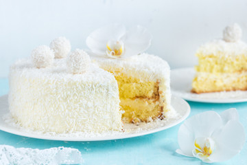festive lemon and coconut sponge cake