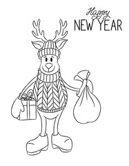 Fototapeta na wymiar Isolated Cartoon cute hand drawn Christmas deer with presents