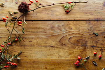 Autumn leaves on wooden table